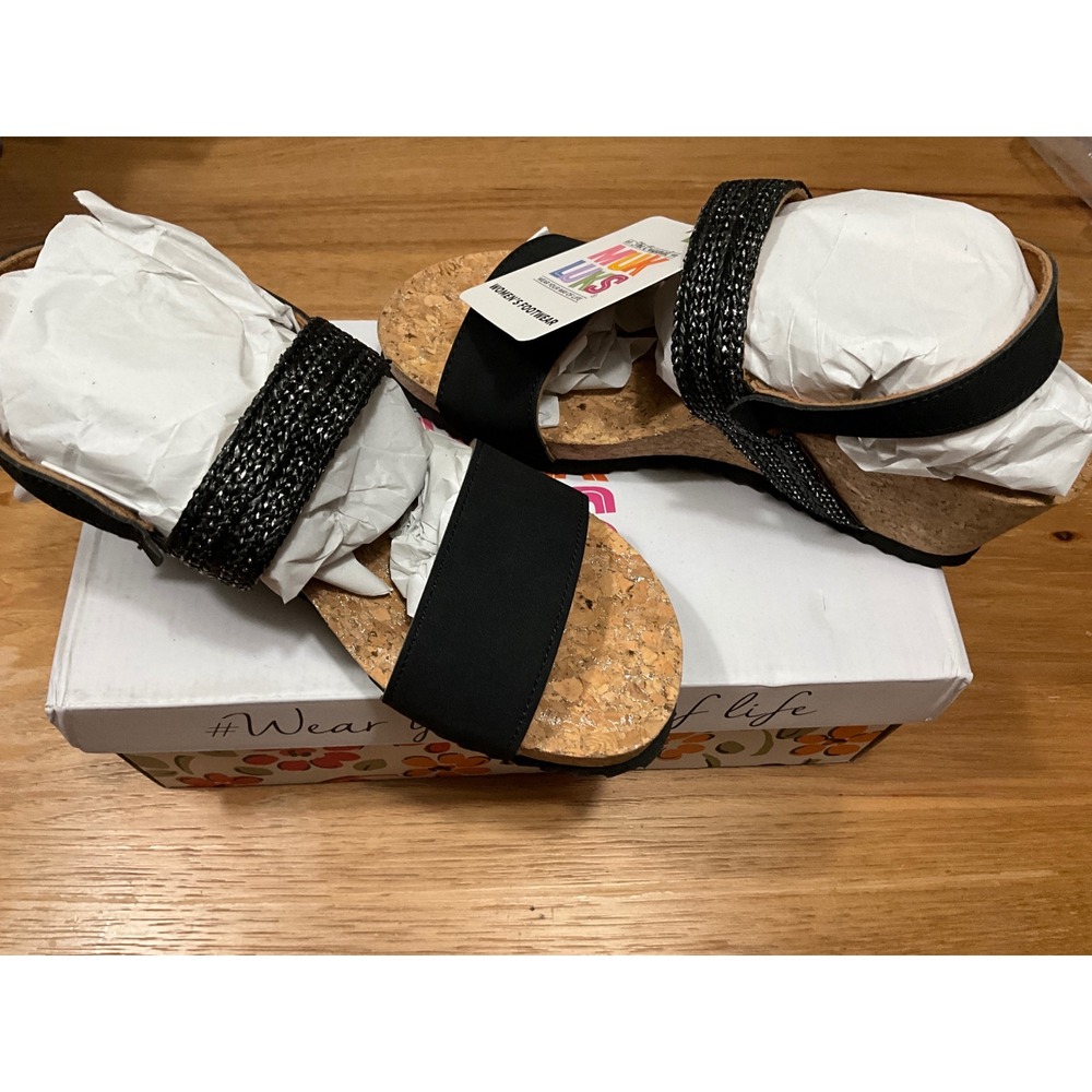 Muk Luks Womens Black Wedge Sandals Metallic Woven Strap Cork‎ Heel Size 9 NEW